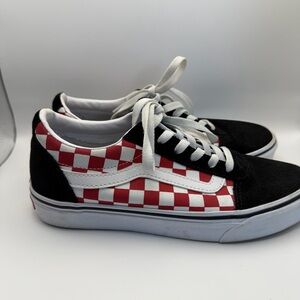 VANS 500714 Women’s Old Skool Black with Red White Checkerboard Suede Toe Size 8